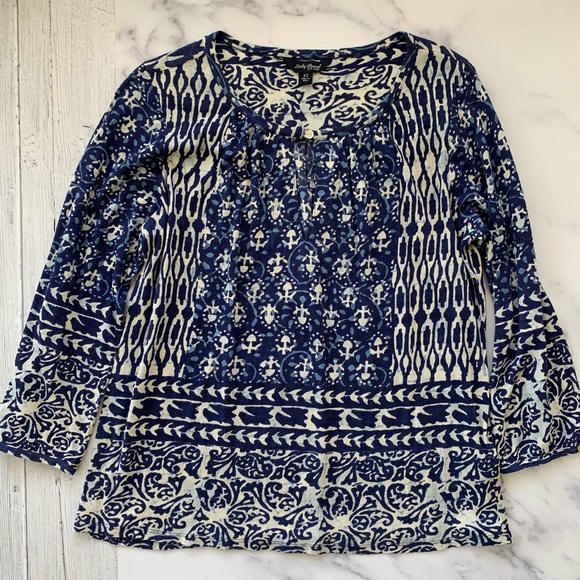 Lucky Brand Tops - Lucky Brand Blue Long Sleeve Printed Keyhole Top